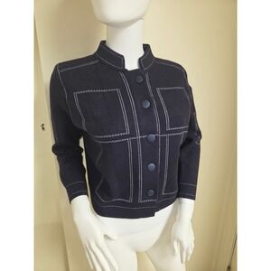 Kerisma Navy Blue Contrast Stitch Knit Jacket Mock Neck Button Front M5167 Small